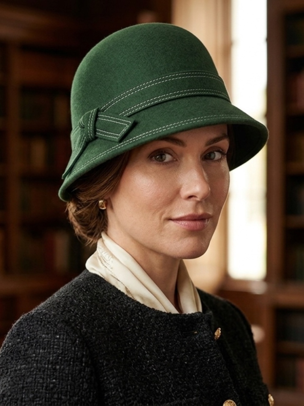 1920s Style Wool Bowler Hat Women Dark Green OS